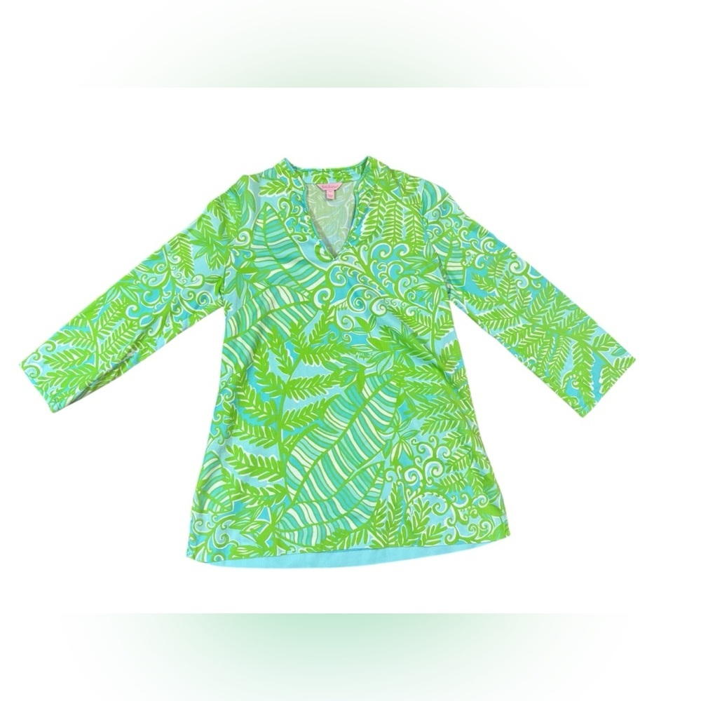 Lilly Pulitzer Bright Green Blue Tropical Leaf Print Ciara Tunic Top Size Medium - Picture 2 of 10
